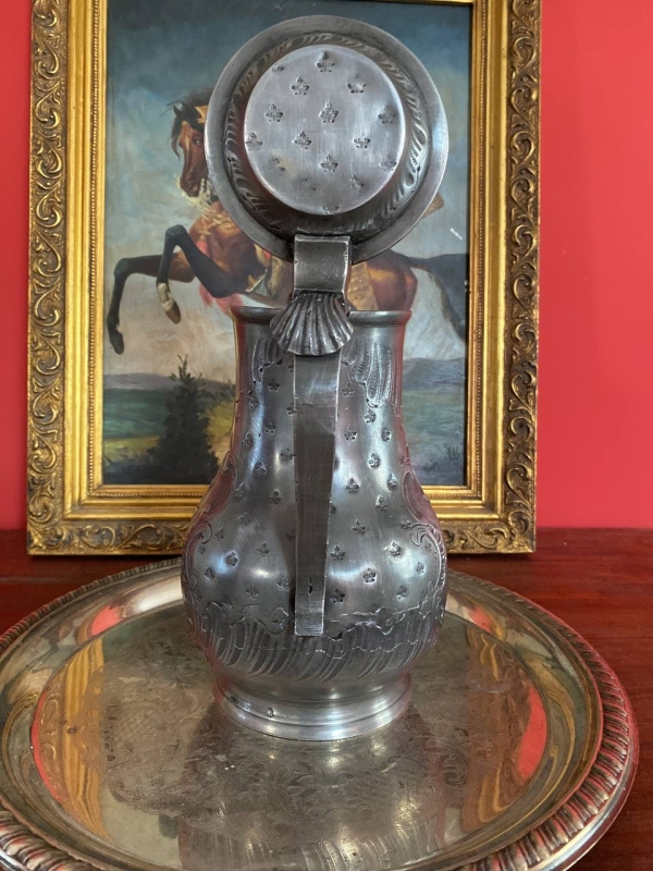 Antique Swiss Geneva Royal Wine Jug in Pewter, 19th Century, Post Tenebras Lux