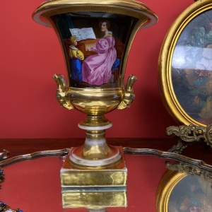 19th Century Old Paris Gilded Porcelain Vase with Musician Lady and Landscape Scenes
