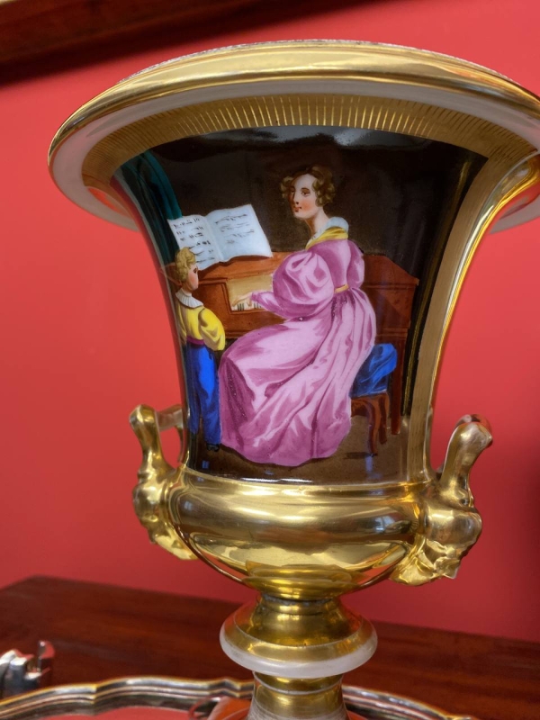 19th Century Old Paris Gilded Porcelain Vase with Musician Lady and Landscape Scenes