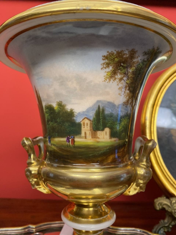 19th Century Old Paris Gilded Porcelain Vase with Musician Lady and Landscape Scenes