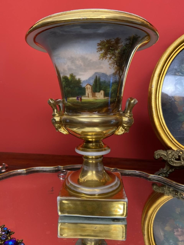 19th Century Old Paris Gilded Porcelain Vase with Musician Lady and Landscape Scenes
