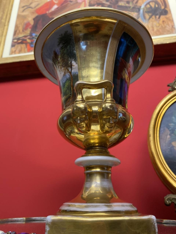 19th Century Old Paris Gilded Porcelain Vase with Musician Lady and Landscape Scenes