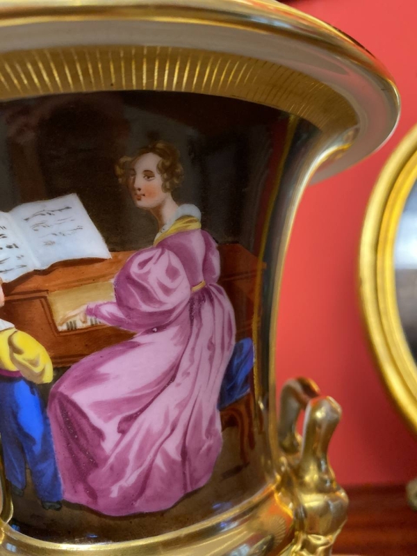 19th Century Old Paris Gilded Porcelain Vase with Musician Lady and Landscape Scenes