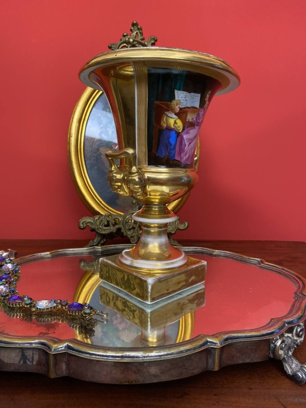 19th Century Old Paris Gilded Porcelain Vase with Musician Lady and Landscape Scenes