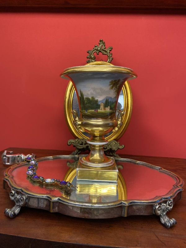 19th Century Old Paris Gilded Porcelain Vase with Musician Lady and Landscape Scenes