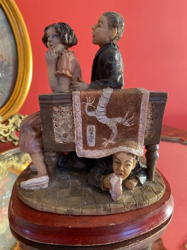 Capodimonte-Style Italian Figurine “Lovers” with Seated Couple, Polystone, Naples