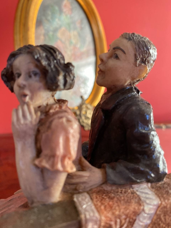 Capodimonte-Style Italian Figurine “Lovers” with Seated Couple, Polystone, Naples