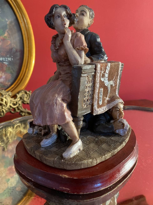 Capodimonte-Style Italian Figurine “Lovers” with Seated Couple, Polystone, Naples