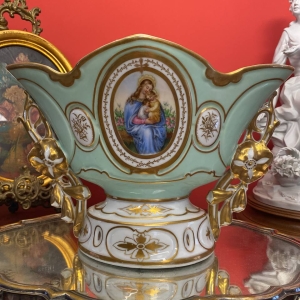 Antique French Mint Green Porcelain Vase with Madonna Portrait and Gilding