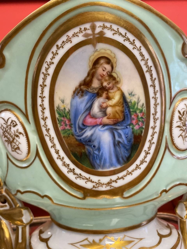 Antique French Mint Green Porcelain Vase with Madonna Portrait and Gilding