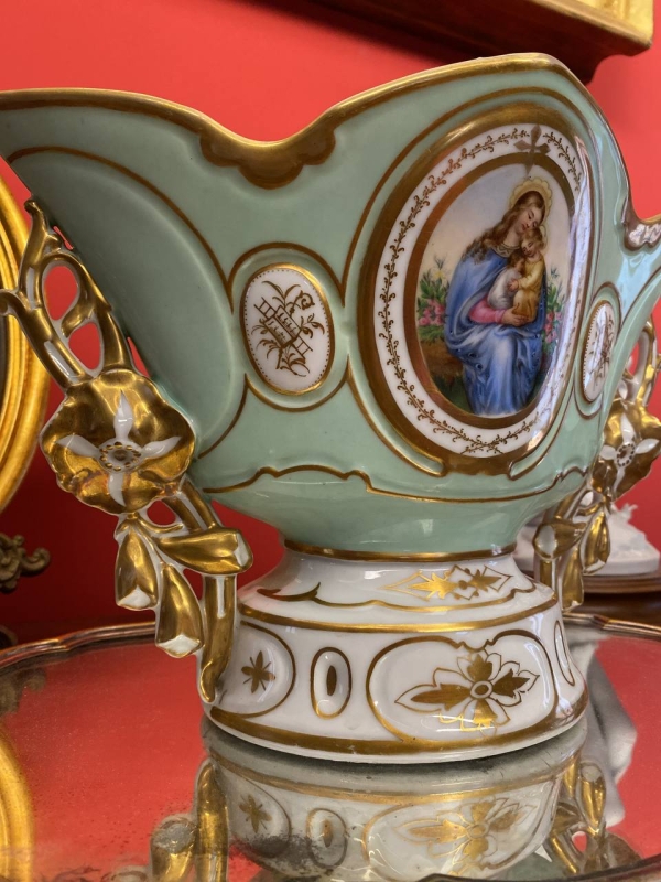 Antique French Mint Green Porcelain Vase with Madonna Portrait and Gilding