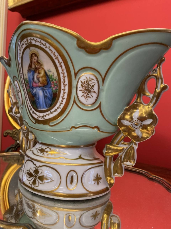 Antique French Mint Green Porcelain Vase with Madonna Portrait and Gilding