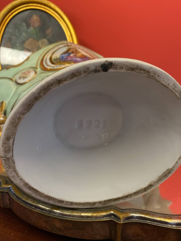 Antique French Mint Green Porcelain Vase with Madonna Portrait and Gilding