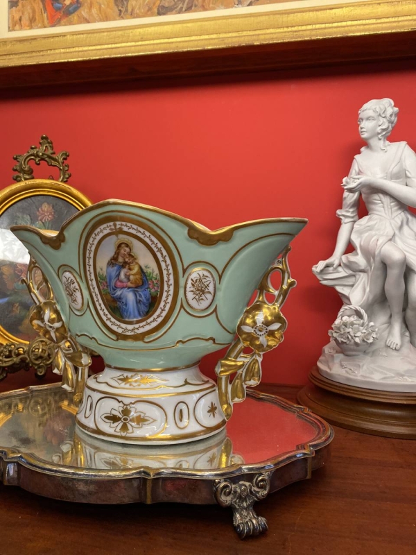Antique French Mint Green Porcelain Vase with Madonna Portrait and Gilding
