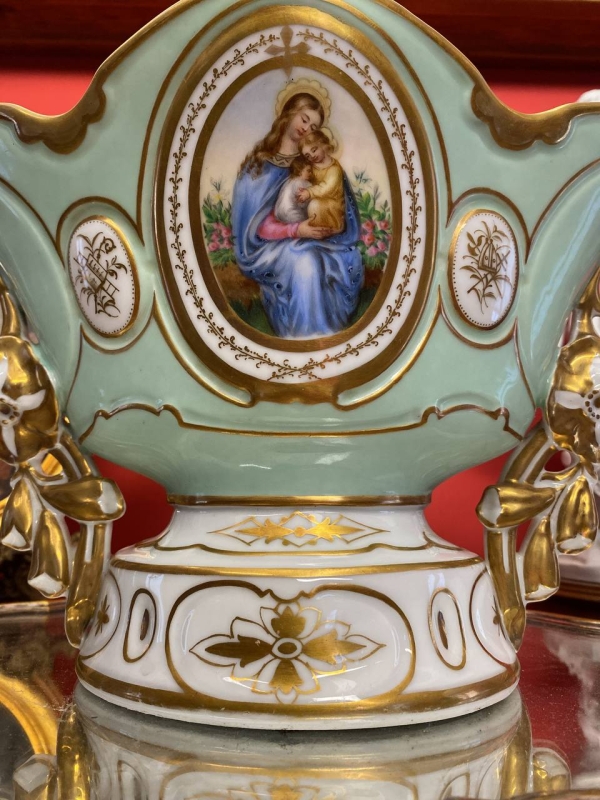 Antique French Mint Green Porcelain Vase with Madonna Portrait and Gilding