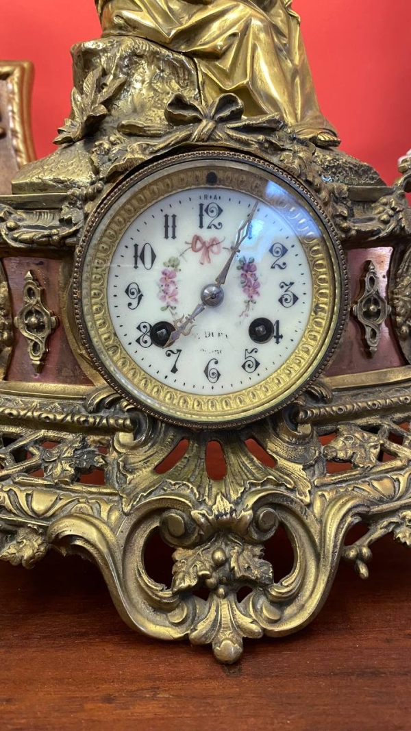 Antique French Bronze Mantel Clock with Madonna and Child, Mechanical, Requires Service