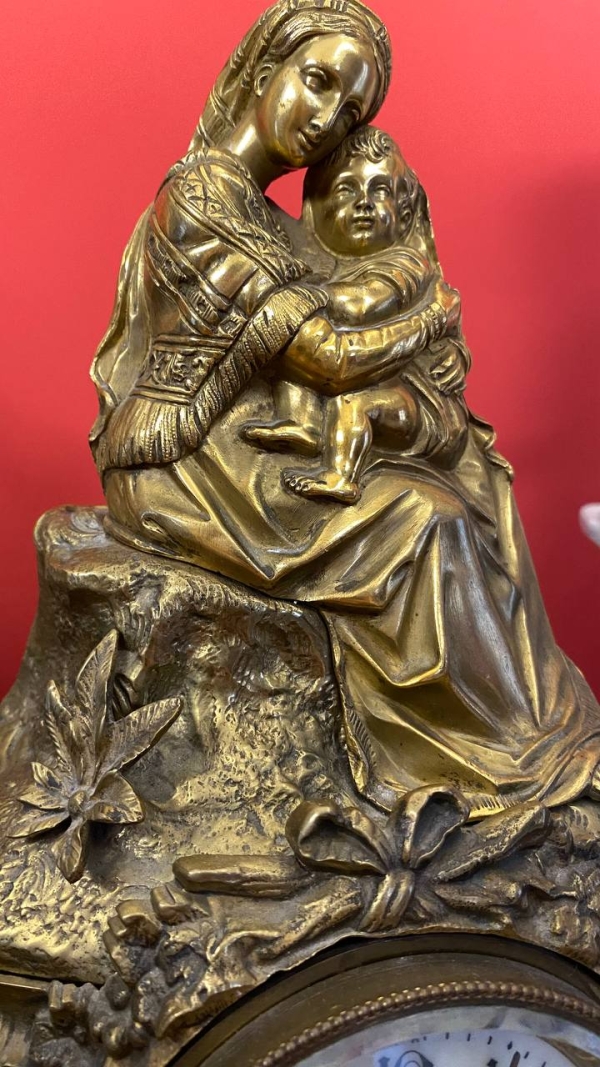 Antique French Bronze Mantel Clock with Madonna and Child, Mechanical, Requires Service