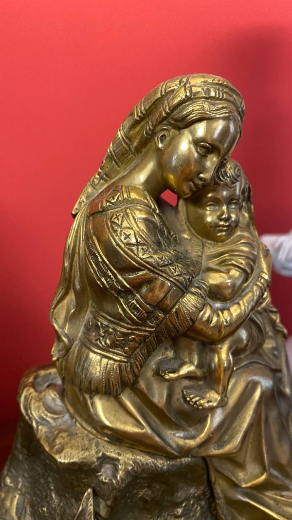 Antique French Bronze Mantel Clock with Madonna and Child, Mechanical, Requires Service