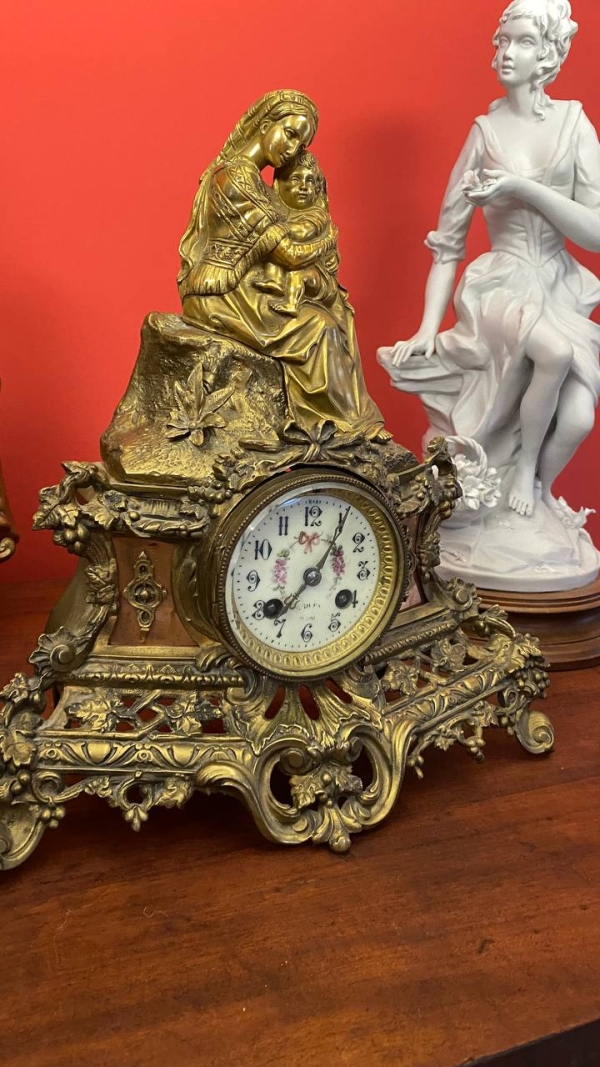 Antique French Bronze Mantel Clock with Madonna and Child, Mechanical, Requires Service