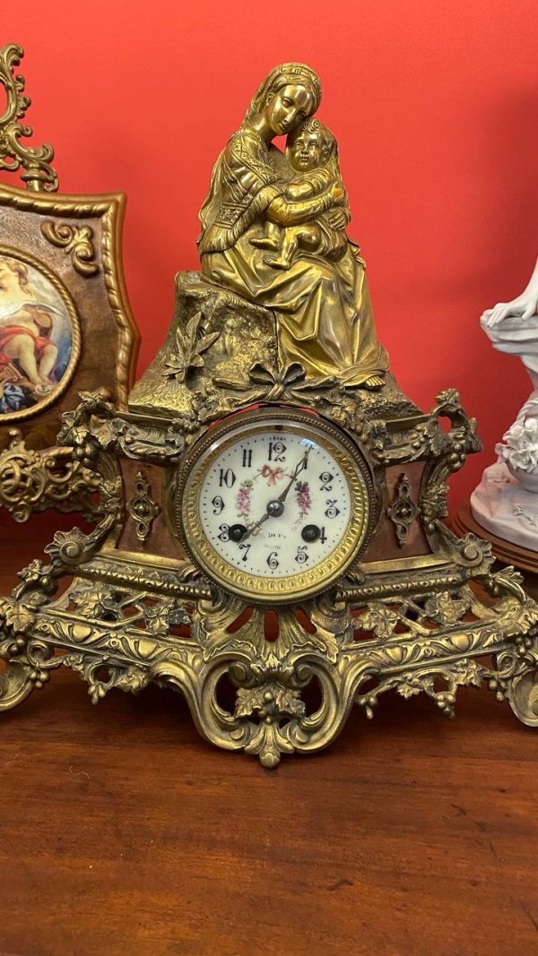 Antique French Bronze Mantel Clock with Madonna and Child, Mechanical, Requires Service