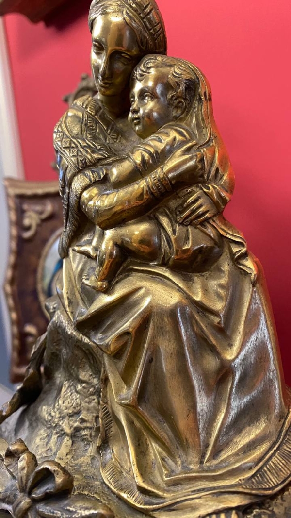 Antique French Bronze Mantel Clock with Madonna and Child, Mechanical, Requires Service