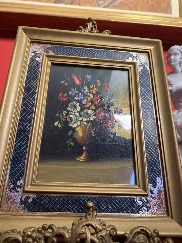 Pair of Decorative Italian Paintings: Floral Bouquet and Landscape