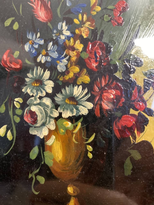 Pair of Decorative Italian Paintings: Floral Bouquet and Landscape