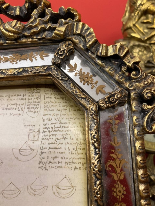 Decorative Italian Photo Frame with Mirror and Gold Bow, Polystone, 20th Century