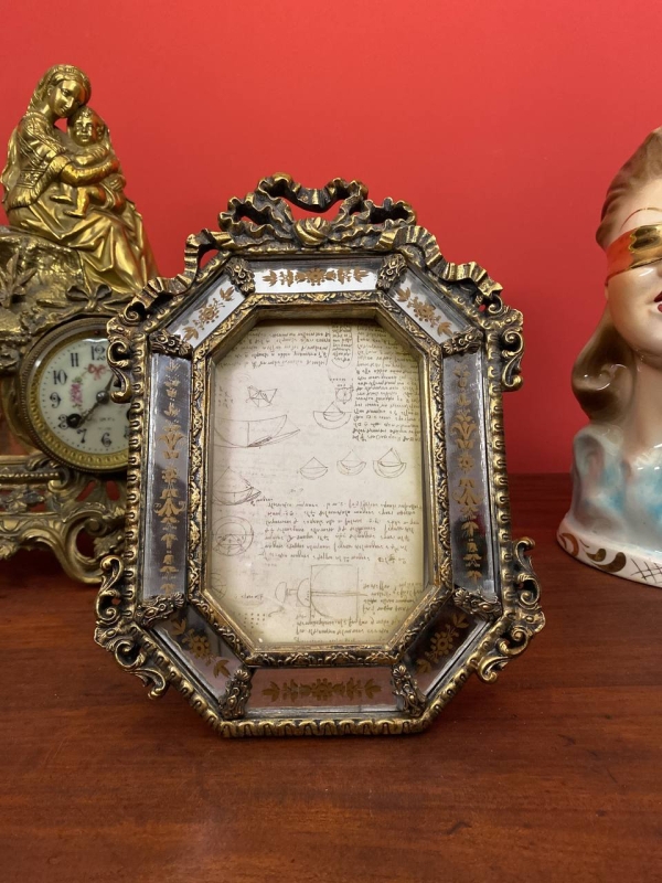 Decorative Italian Photo Frame with Mirror and Gold Bow, Polystone, 20th Century