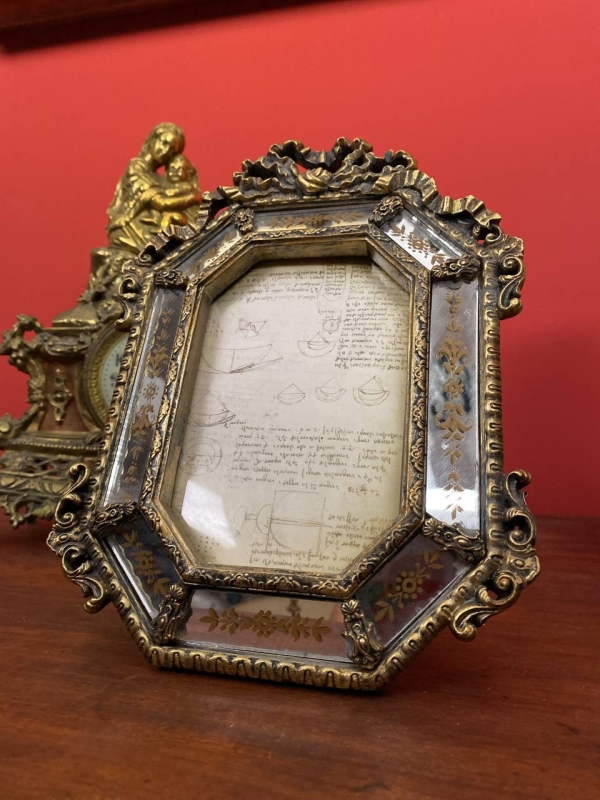 Decorative Italian Photo Frame with Mirror and Gold Bow, Polystone, 20th Century