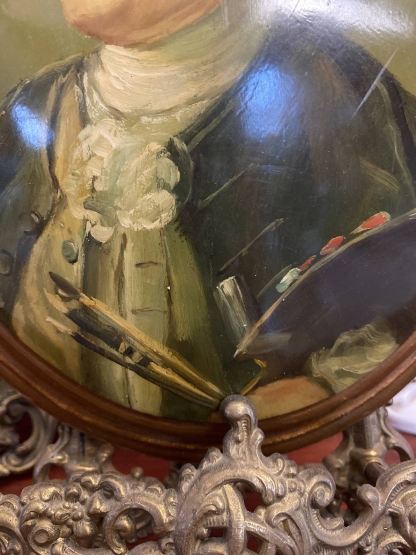 Vintage 1960s Italian Convex Lacquered Wood Painting, Portrait of an Artist
