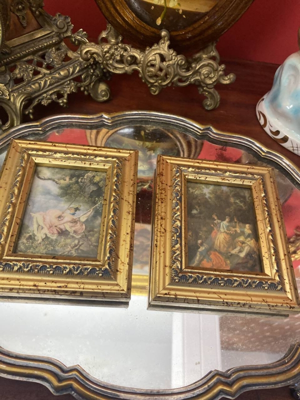 Pair of Small Vintage Italian Woven Fabric Pictures in Ornate Gold Frames