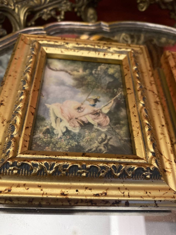 Pair of Small Vintage Italian Woven Fabric Pictures in Ornate Gold Frames