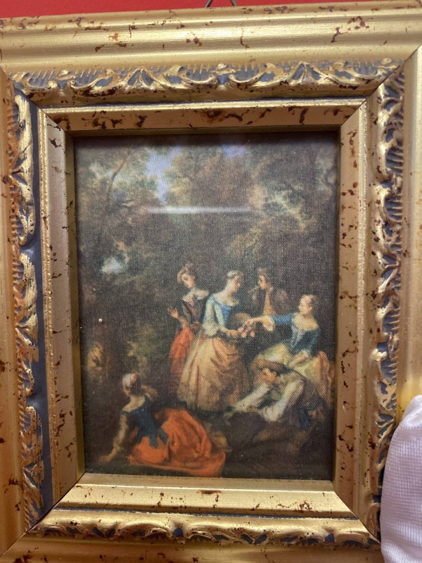 Pair of Small Vintage Italian Woven Fabric Pictures in Ornate Gold Frames