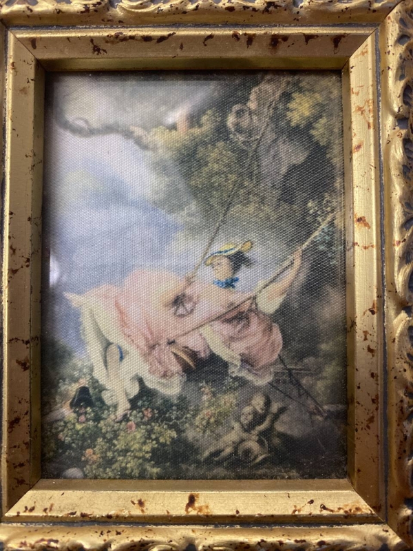 Pair of Small Vintage Italian Woven Fabric Pictures in Ornate Gold Frames