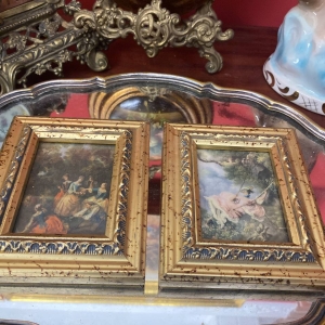 Pair of Small Vintage Italian Woven Fabric Pictures in Ornate Gold Frames