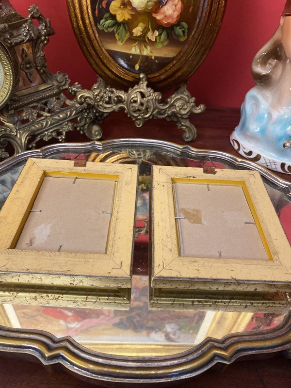 Pair of Small Vintage Italian Woven Fabric Pictures in Ornate Gold Frames