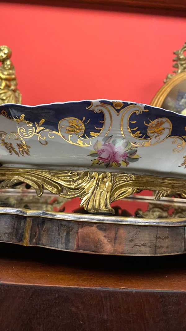 Large Antique Decorative Bowl with Bronze Handles, Gilded Details, Possibly Italian