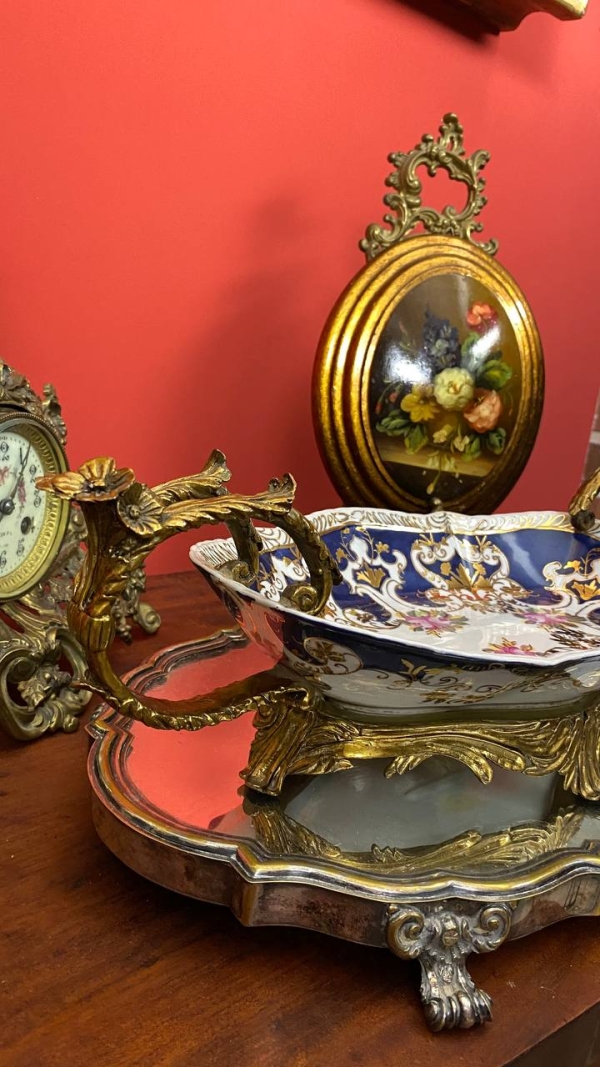 Large Antique Decorative Bowl with Bronze Handles, Gilded Details, Possibly Italian