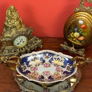 Large Antique Decorative Bowl with Bronze Handles, Gilded Details, Possibly Italian