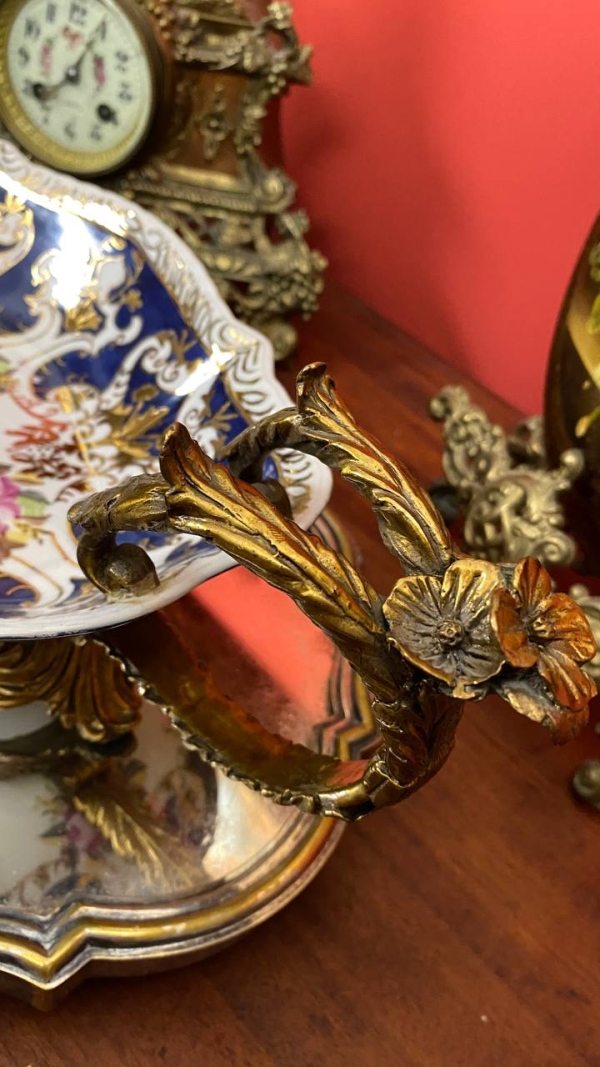 Large Antique Decorative Bowl with Bronze Handles, Gilded Details, Possibly Italian