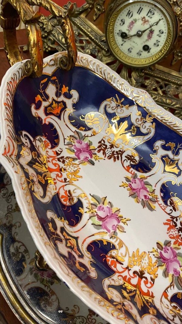 Large Antique Decorative Bowl with Bronze Handles, Gilded Details, Possibly Italian