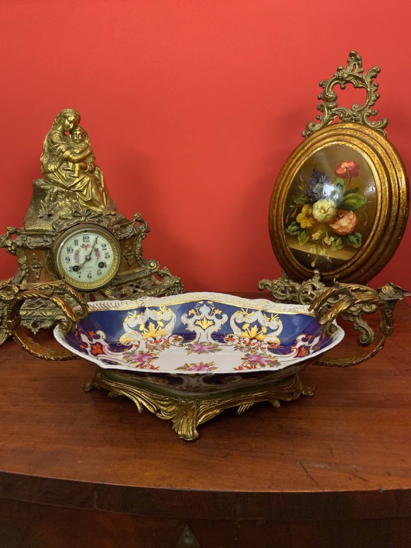 Large Antique Decorative Bowl with Bronze Handles, Gilded Details, Possibly Italian
