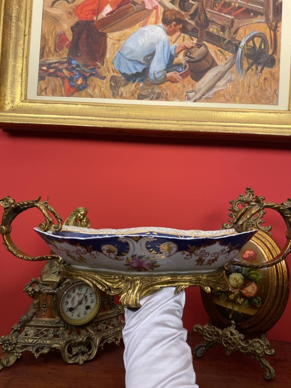 Large Antique Decorative Bowl with Bronze Handles, Gilded Details, Possibly Italian