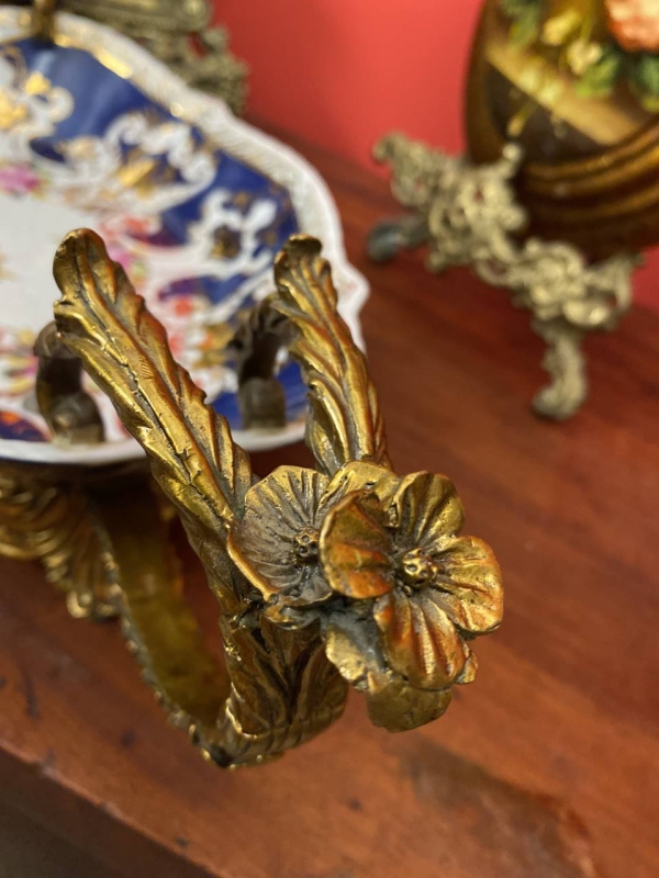 Large Antique Decorative Bowl with Bronze Handles, Gilded Details, Possibly Italian
