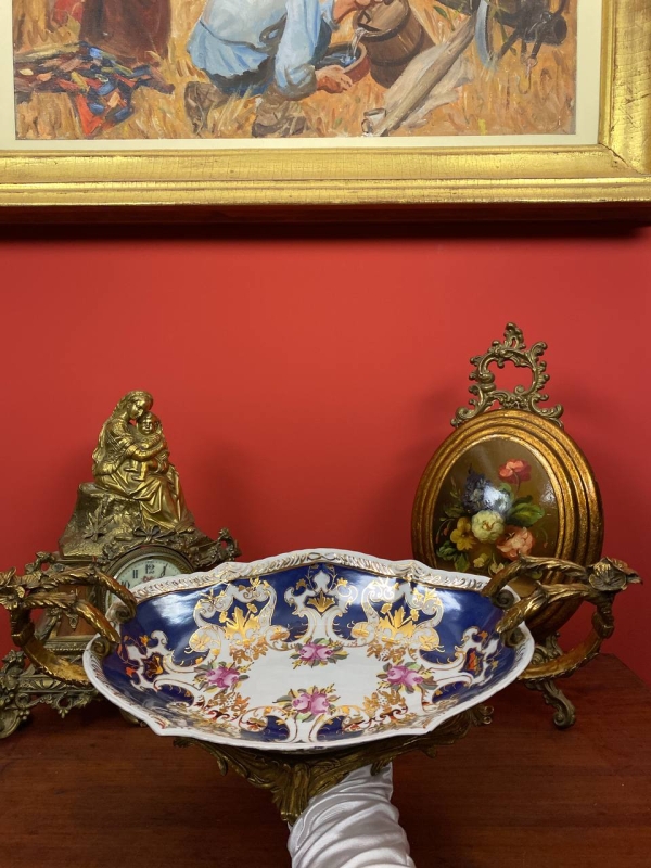 Large Antique Decorative Bowl with Bronze Handles, Gilded Details, Possibly Italian