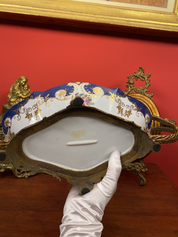 Large Antique Decorative Bowl with Bronze Handles, Gilded Details, Possibly Italian