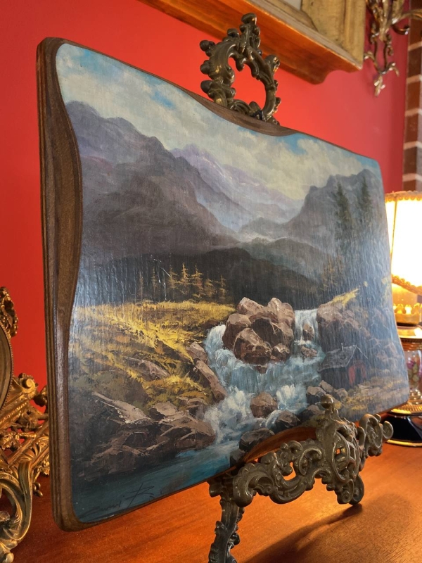 Italian Wood Wall Plaque with Printed Landscape Scene, 1960s–70s