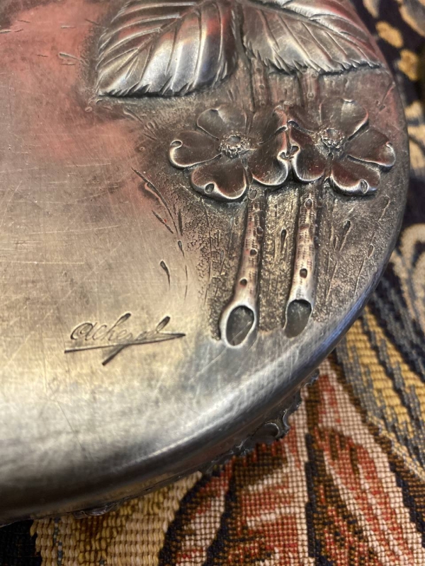 Antique Art Nouveau Pewter Trinket Box with Strawberry Motif, France