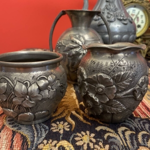 Collection of Antique French Art Nouveau Pewter Vases with Floral Relief